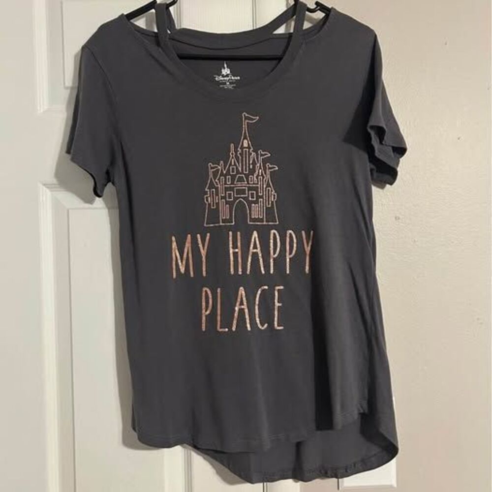 Disney Parks Women’s Medium “My Happy Place” Castle Cutout Shoulder T-Shirt Gray